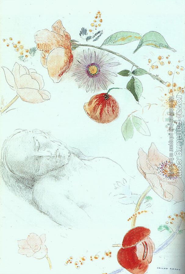 Odilon Redon : Bust of a Man Asleep amid Flowers